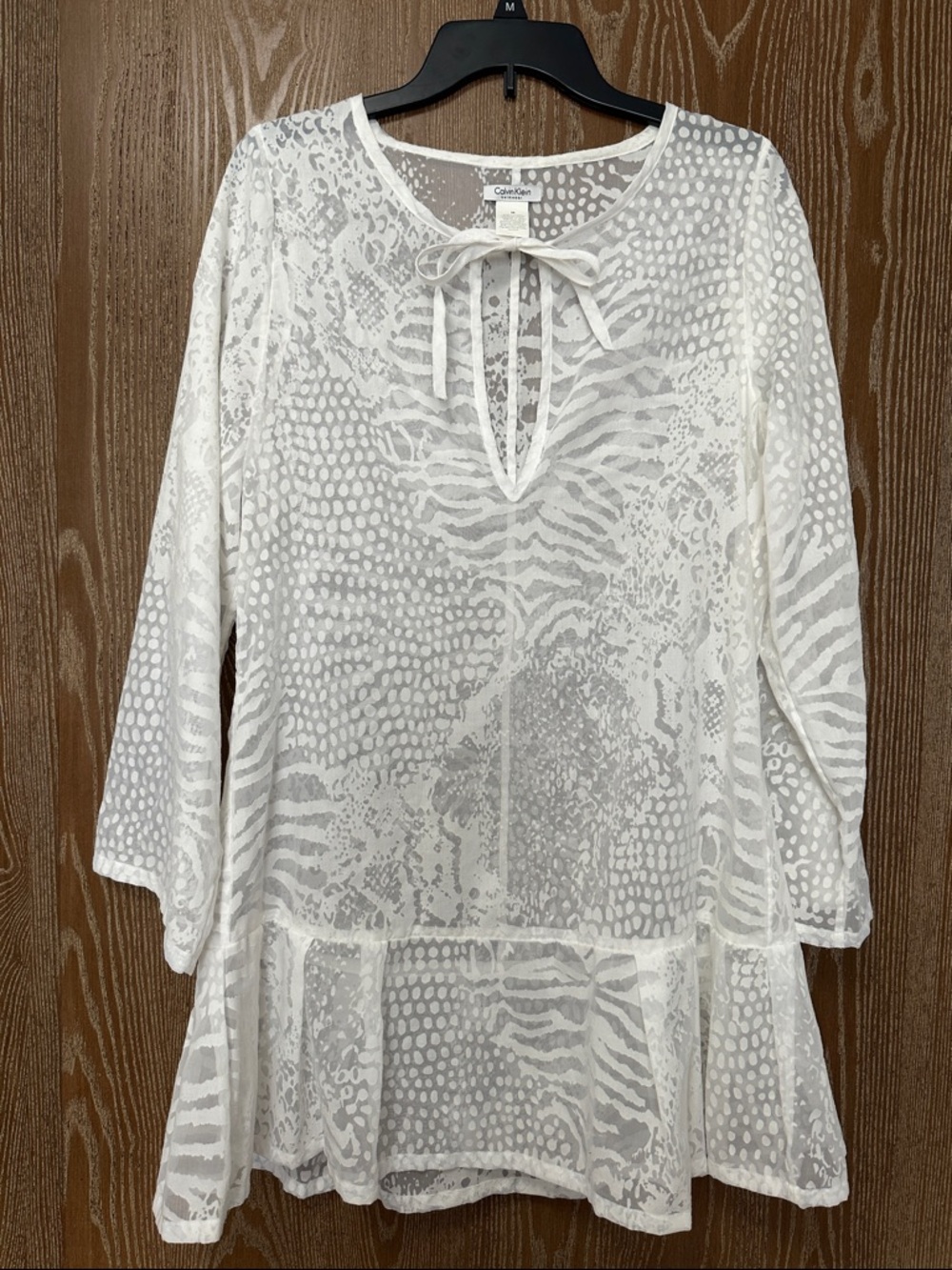 Calvin Klein Swimwear White Sheer Animal-Print Tie-Neck Tunic Size Medium